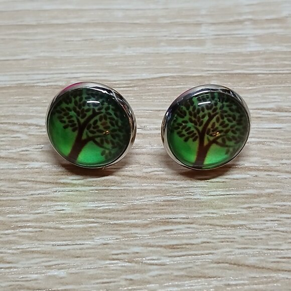 Handmade Silver Tone with Green Tree of Life Stud Earrings Fashion Jewelry #86 - Picture 4 of 11